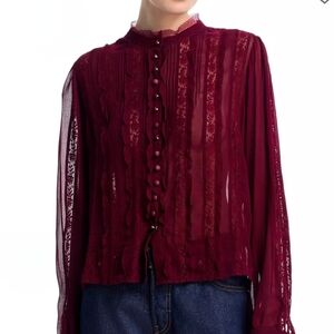 LoveShackFancy Long Sleeve Alvynne Top Size XS New $395 Oxblood Sheer